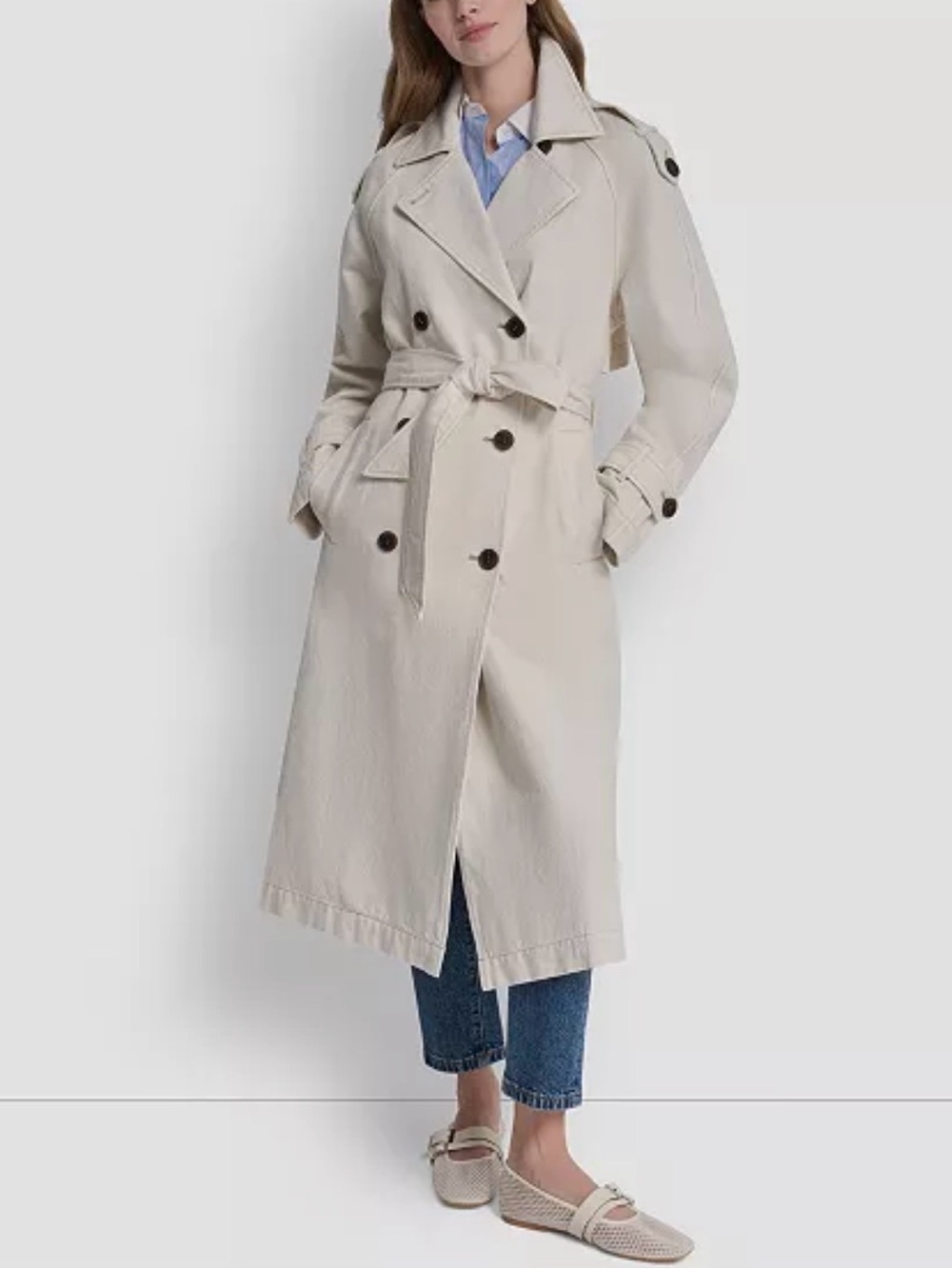 DKNY Jeans Women's Double Breasted Denim Belted Trench Coat Light beige size XL